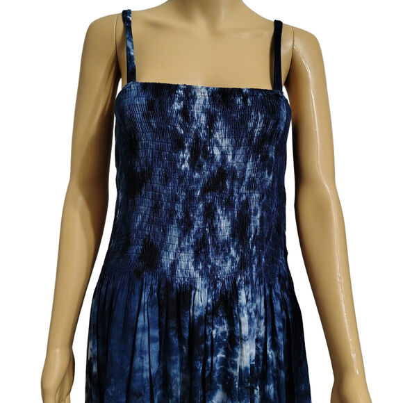 Summer Flowy Dress Blue Tye-Dye Elastic Shirred Top Uneven Hemline One Size - Picture 3 of 8